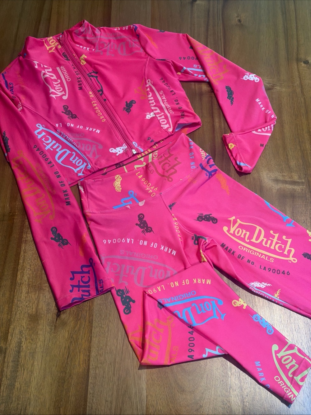 Von Dutch Pink Graphic Print Matching Set Jacket Leggings Womens Small EUC Y2K